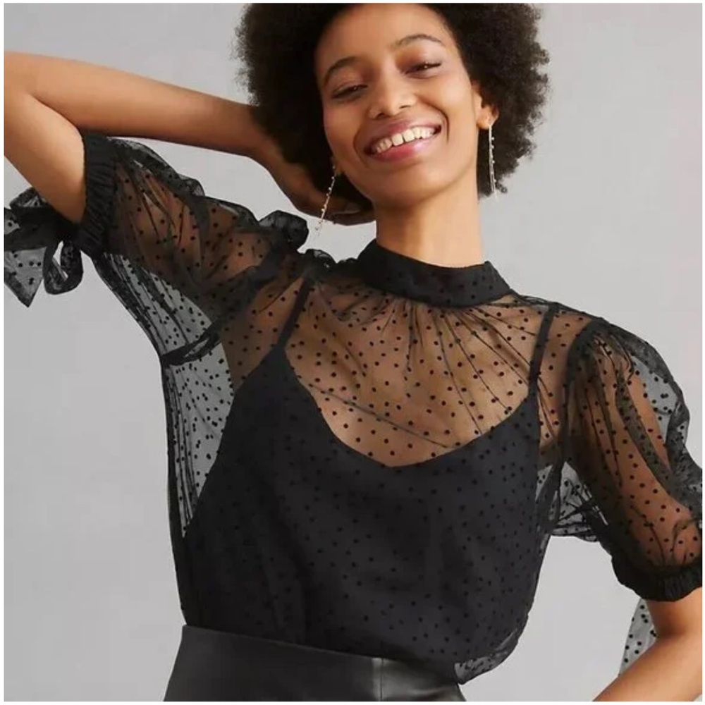 Anthropologie Black Sheer Polka Dot Top Size XXS